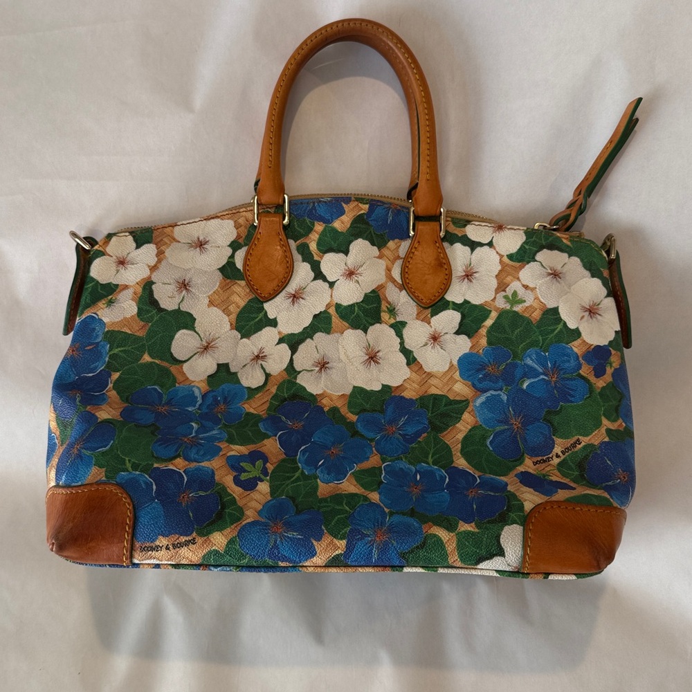 Dooney & Bourke Pansy Domed Satchel Yellow Blue Tan White Floral Leather - Picture 3 of 14